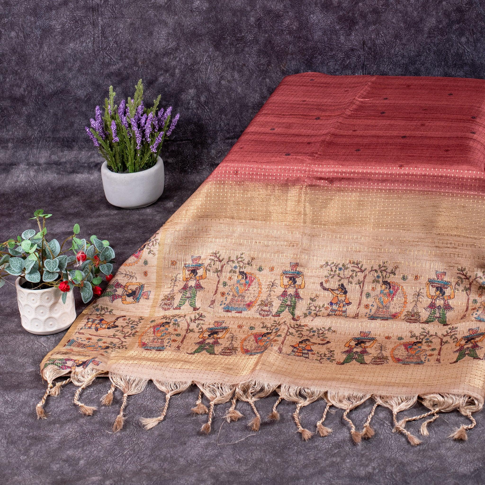 Semi Tussar Silk Saree – Zari Dotted Lines with Madhubani Pallu Secondary image