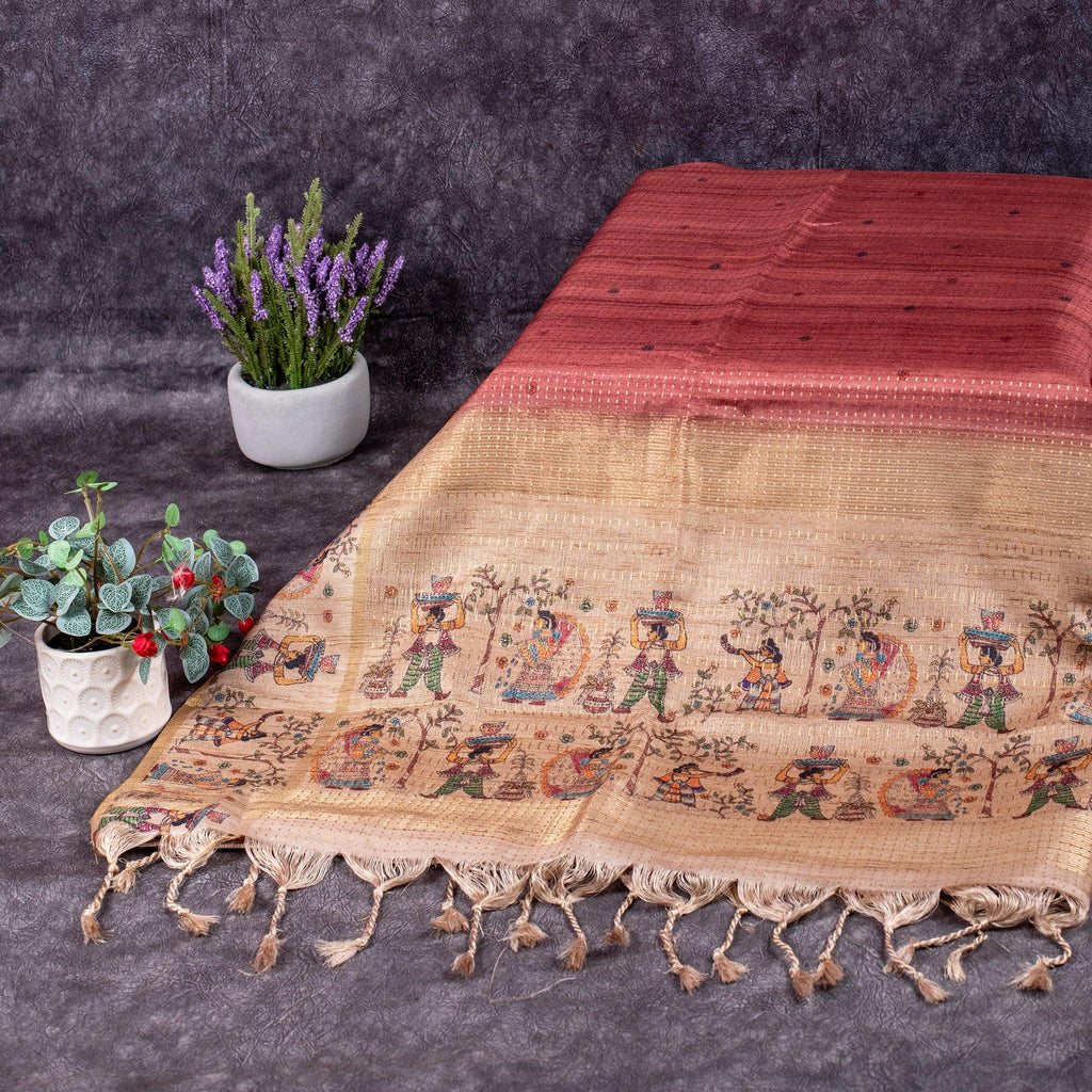 Semi Tussar Silk Saree – Zari Dotted Lines with Madhubani Pallu - Kleem Boutique