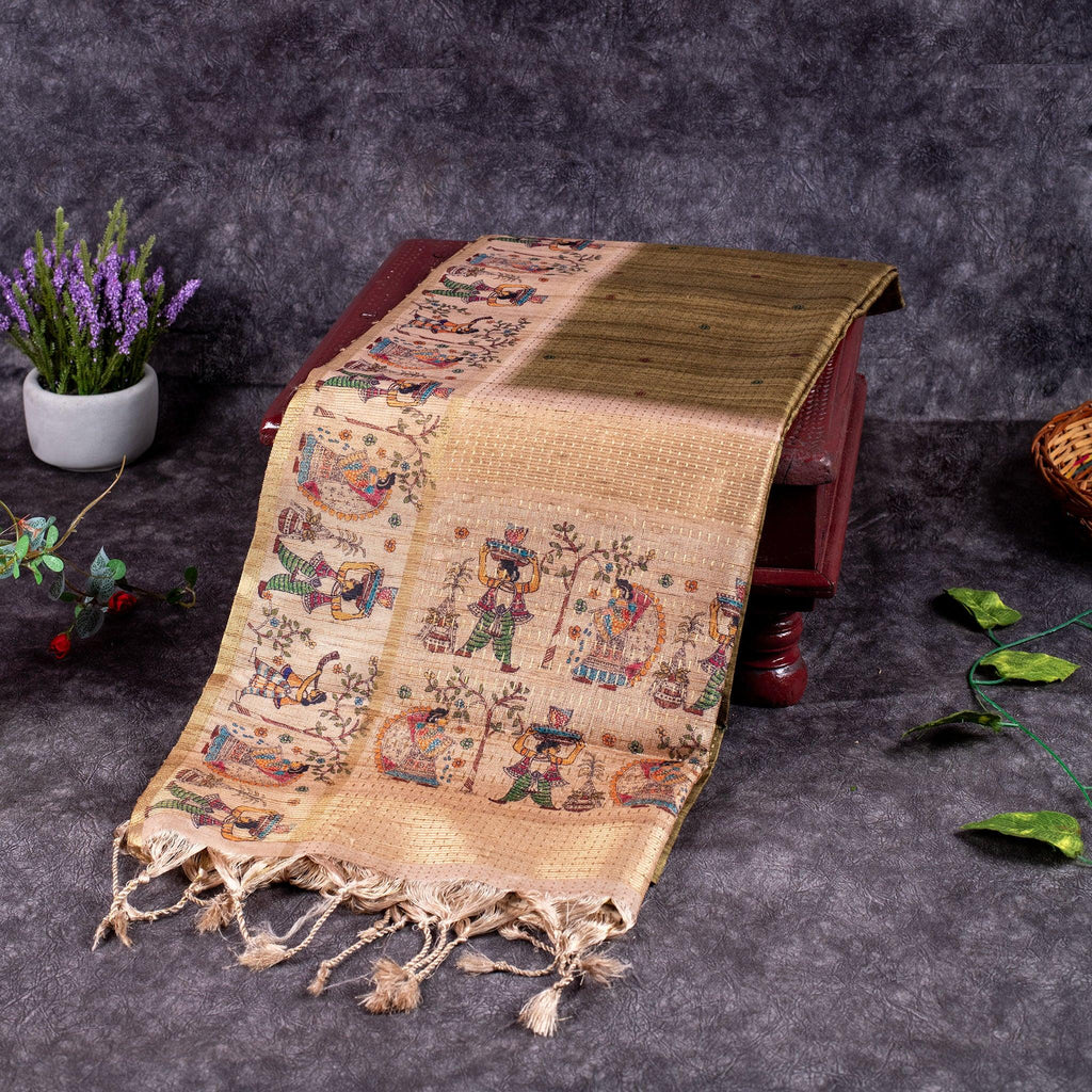 Semi Tussar Silk Saree – Zari Dotted Lines with Madhubani Pallu - Kleem Boutique