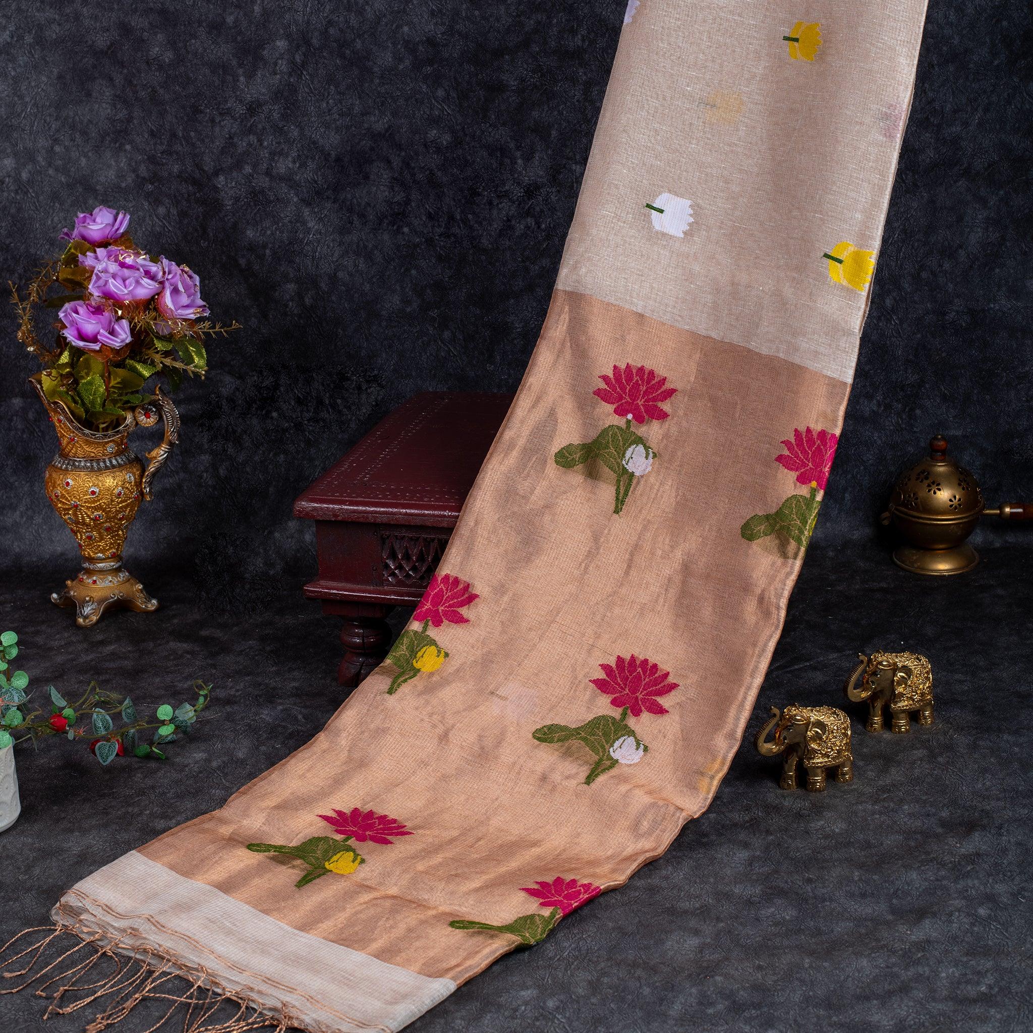 Matka Silk Jamdani Lotus Design Saree – Handwoven Heritage Elegance - Kleem Boutique