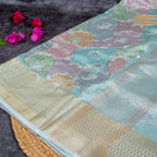 Kora Organza Saree with Pastel Floral Design - Light Sea Green - Kleem Boutique