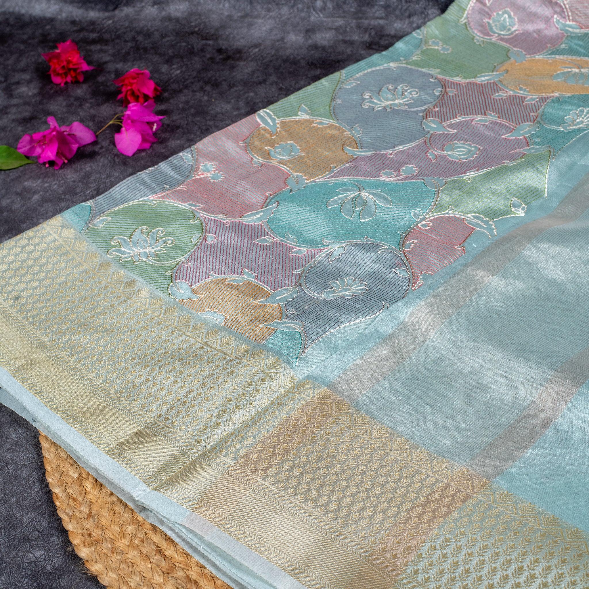 Kora Organza Saree with Pastel Floral Design - Light Sea Green - Kleem Boutique