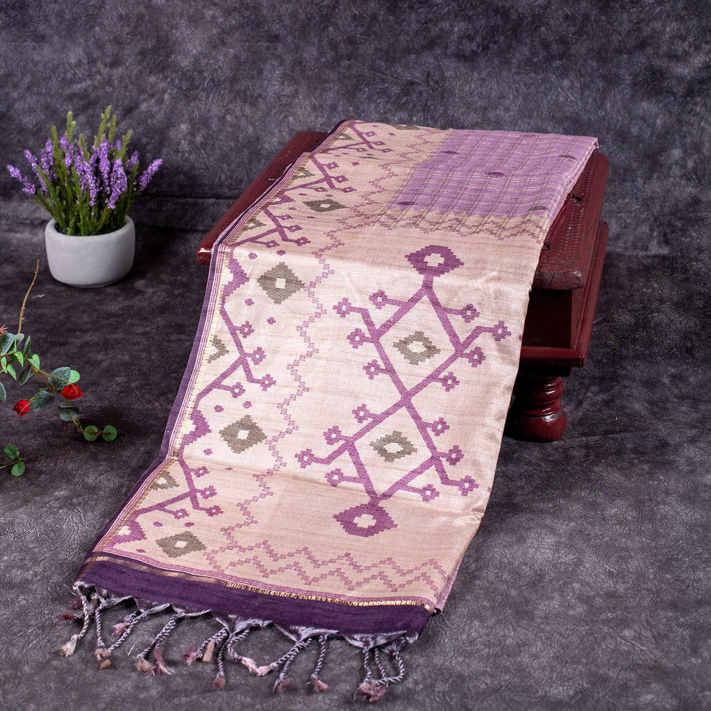 Semi Tussar Silk Saree – Zari Checks with Jamdani Print Border - Kleem Boutique