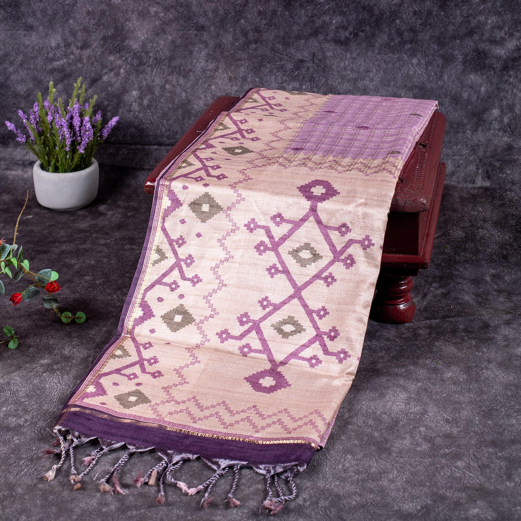 Semi Tussar Silk Saree – Zari Checks with Jamdani Print Border - Kleem Boutique