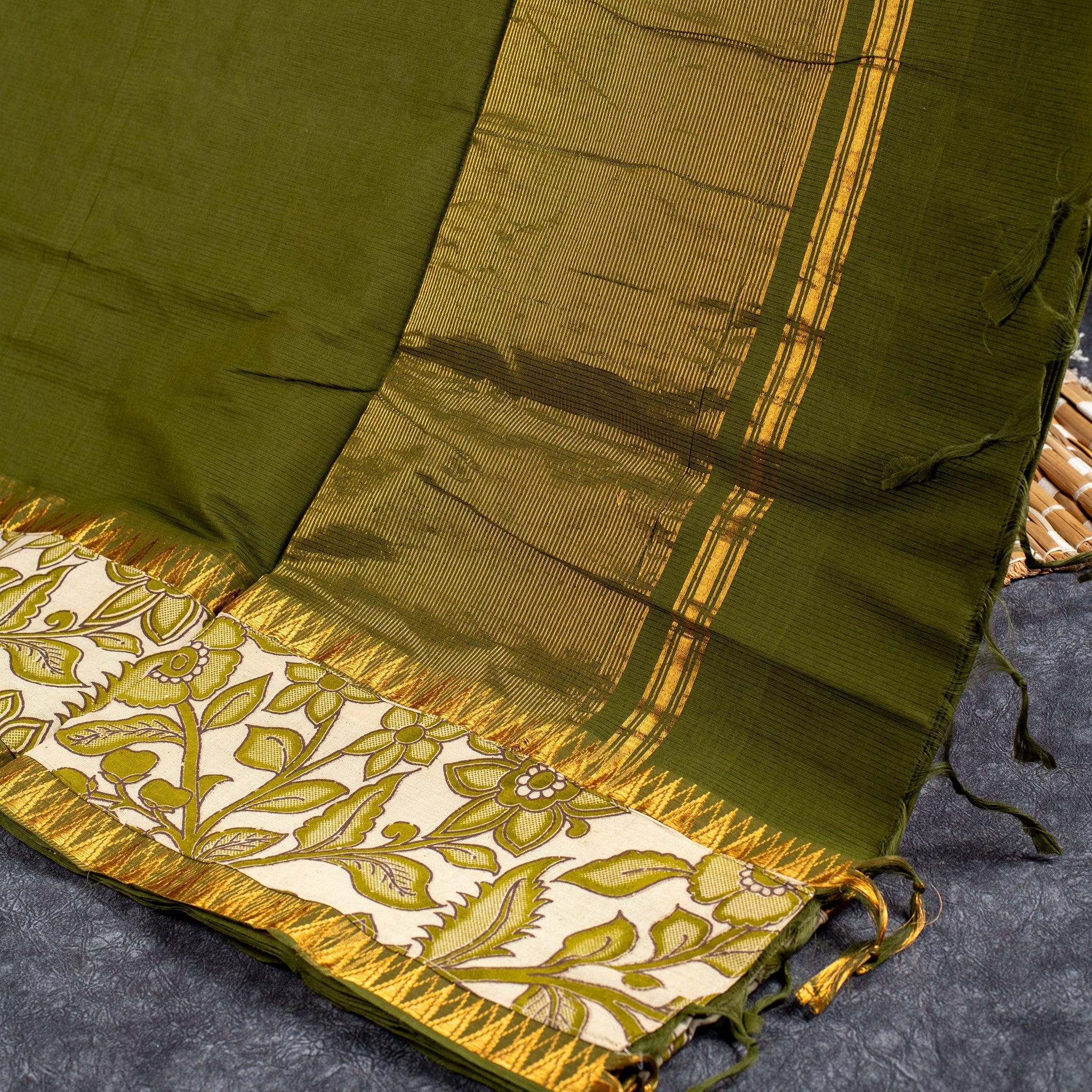 Pure Handloom MG Cotton Saree with Kalamkari Patch Work- Olive Green Secondary image