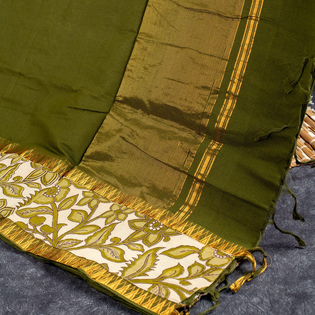 Pure Handloom MG Cotton Saree with Kalamkari Patch Work- Olive Green - Kleem Boutique