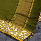 Pure Handloom MG Cotton Saree with Kalamkari Patch Work- Olive Green - Kleem Boutique