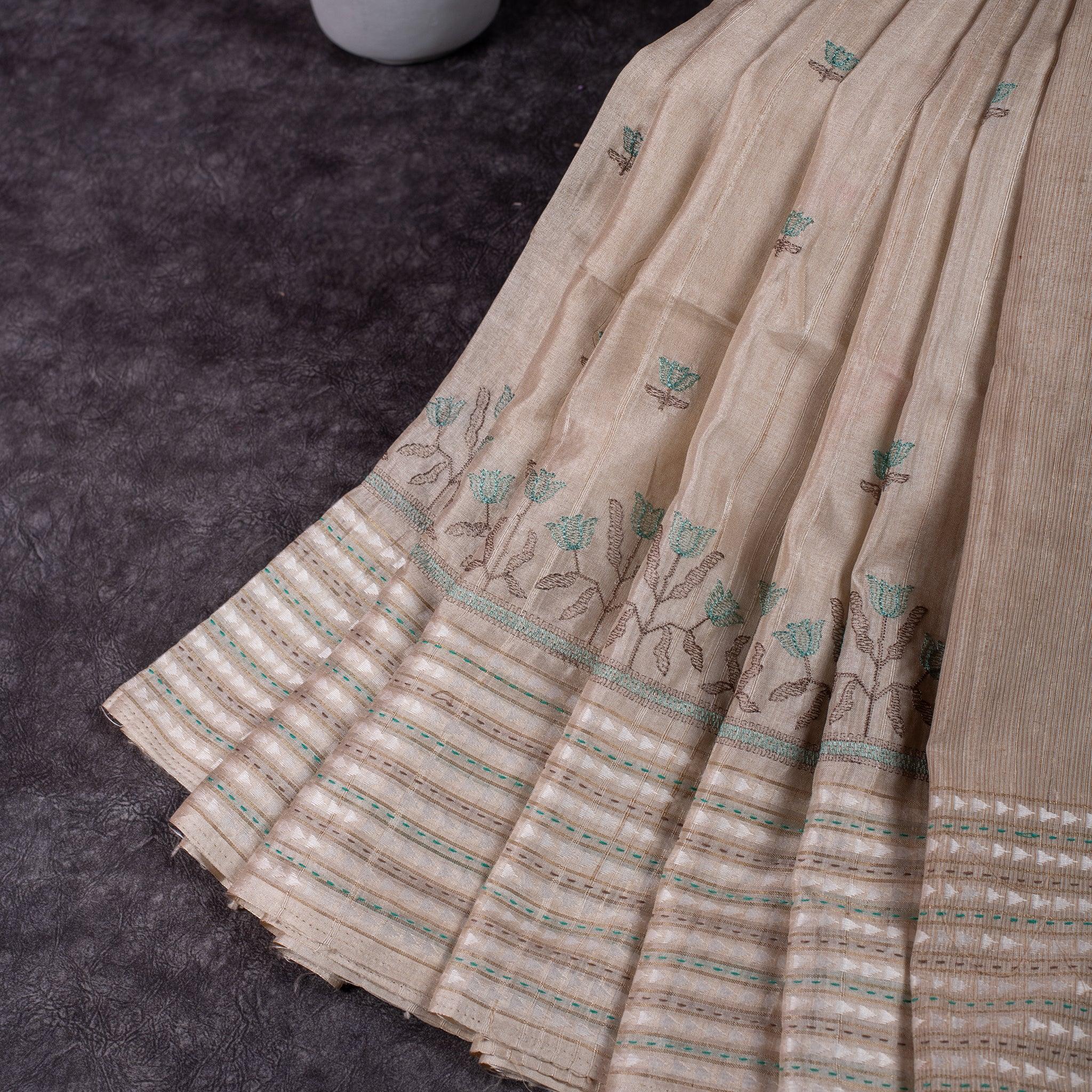 Semi Tussar Silk Saree – Floral Motifs with Kantha Work Border - Kleem Boutique