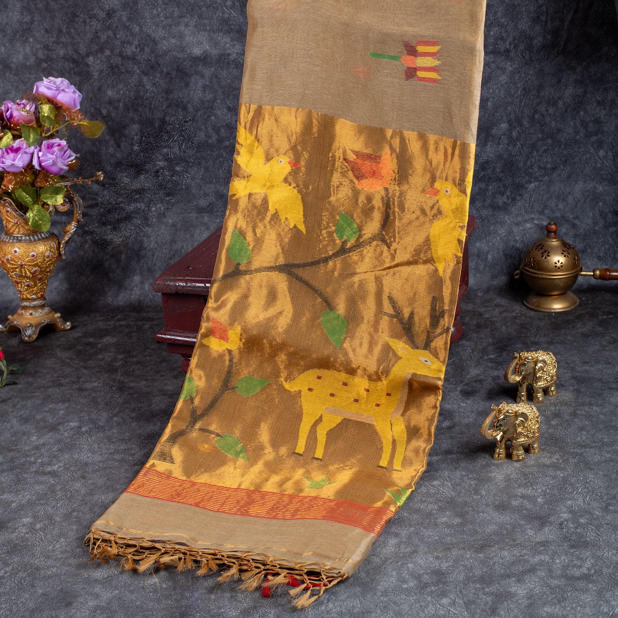 Matka Silk Jamdani Saree – Handwoven Artistic Elegance-Olive Green - Kleem Boutique