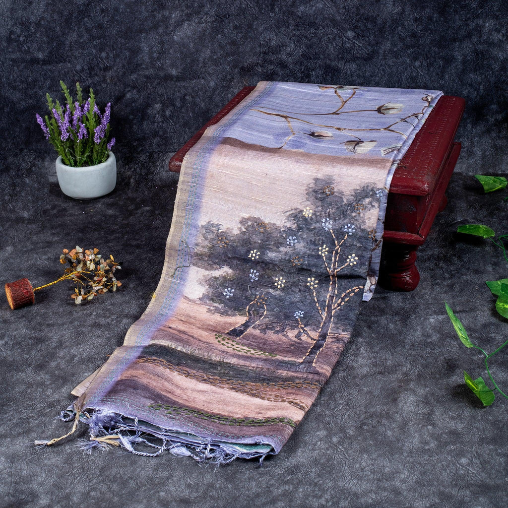 Soft Semi Tussar Silk Saree – Bird & Floral Digital Print - Kleem Boutique