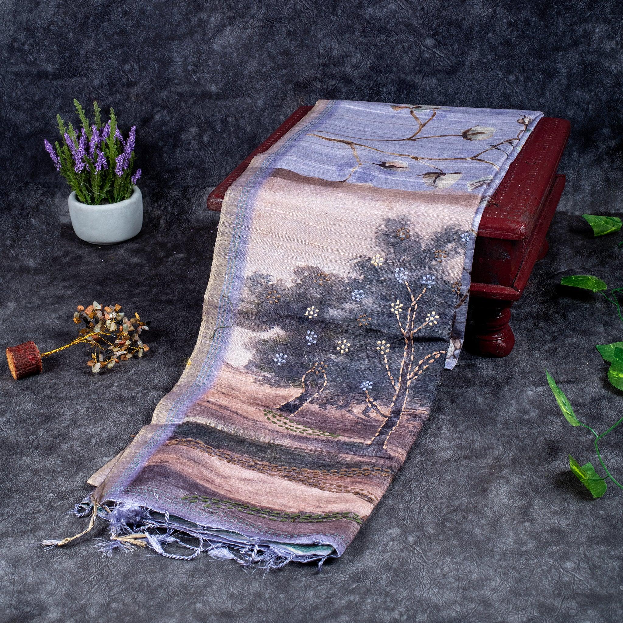 Soft Semi Tussar Silk Saree – Bird & Floral Digital Print - Kleem Boutique