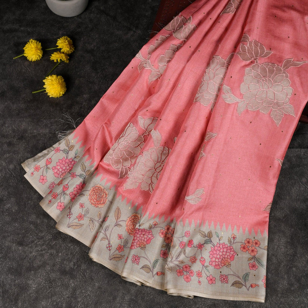 Semi Tussar Silk Coral Pink Saree with Applique Embroidery - Kleem Boutique