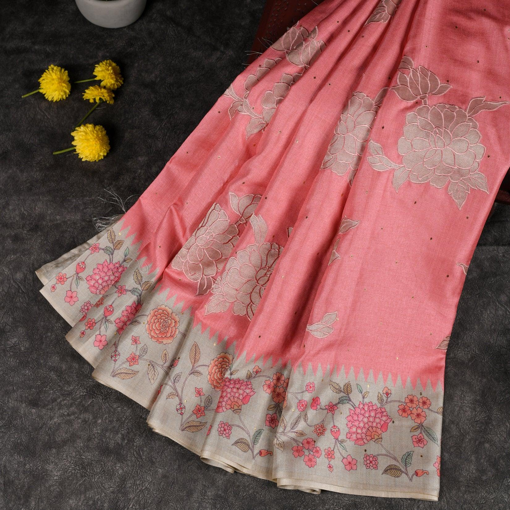 Semi Tussar Silk Coral Pink Saree with Applique Embroidery - Kleem Boutique