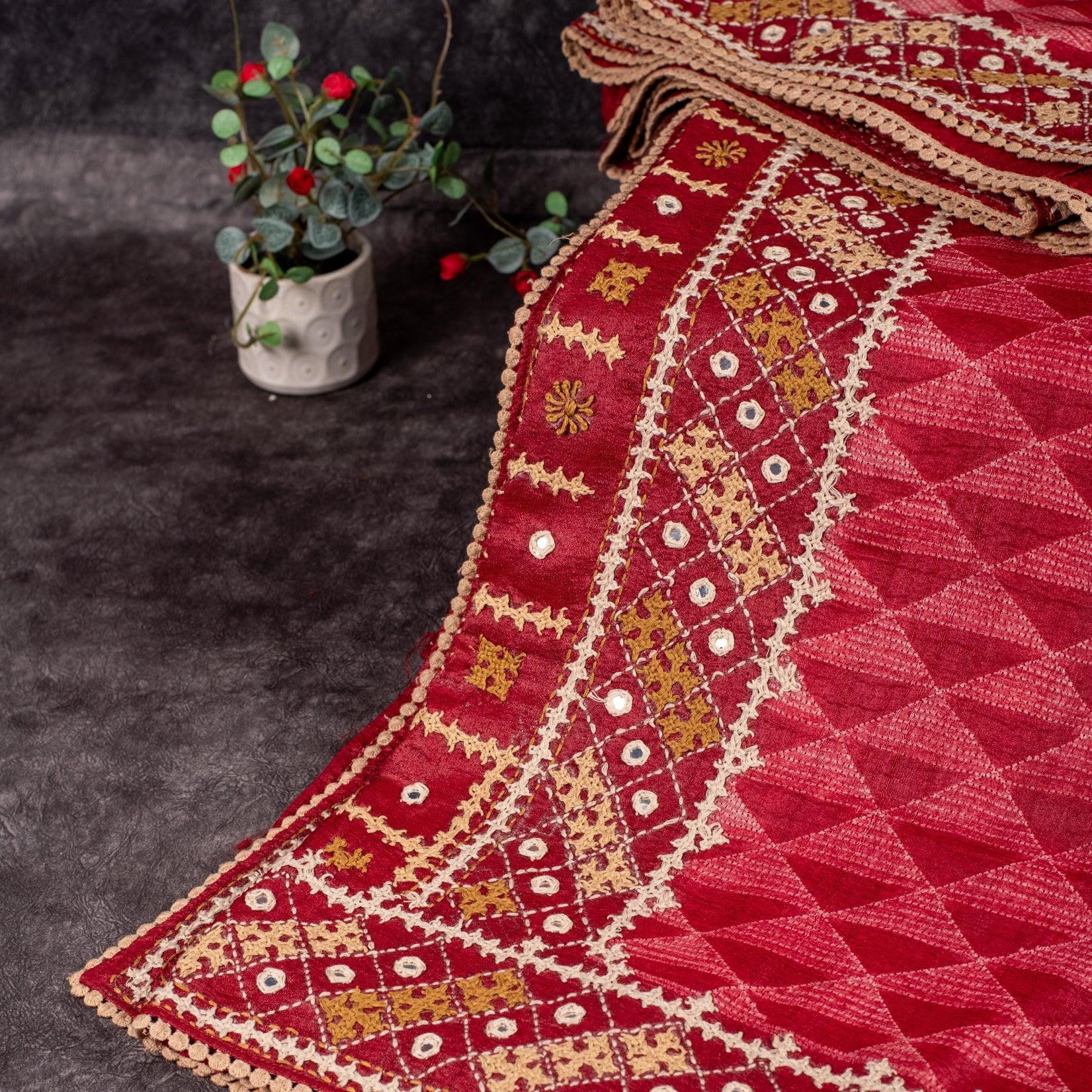 Pure Handloom Tussar Silk Deep Maroon Saree with Kutch Work & Mirror Embroidery Secondary image