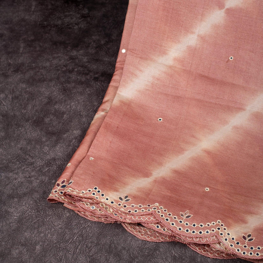 Pure Handloom Tussar Silk Mauve & Off-White Saree with Leheriya Design & Mirror Work - Kleem Boutique