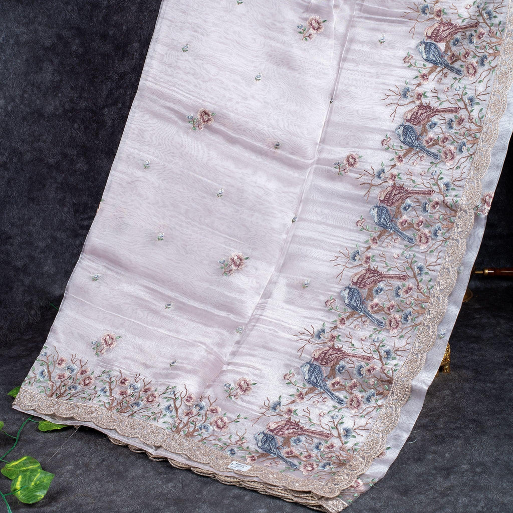 Tissue Kora Saree with Embroidery Work on the Border - Silver - Kleem Boutique