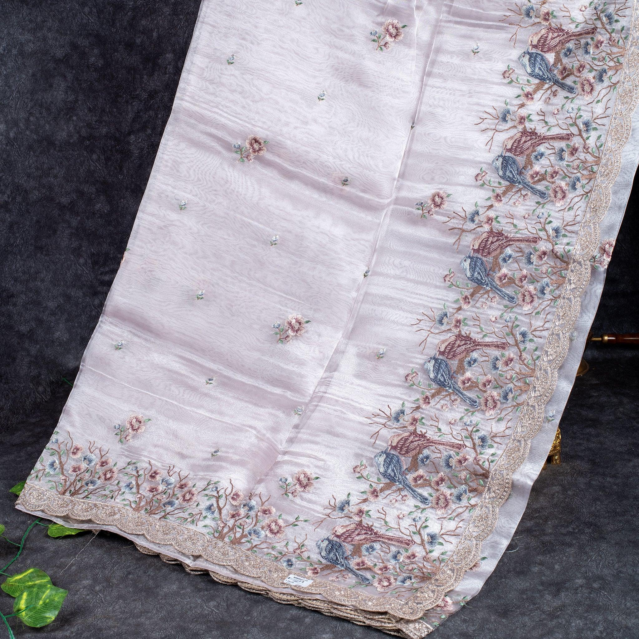 Tissue Kora Saree with Embroidery Work on the Border - Silver - Kleem Boutique