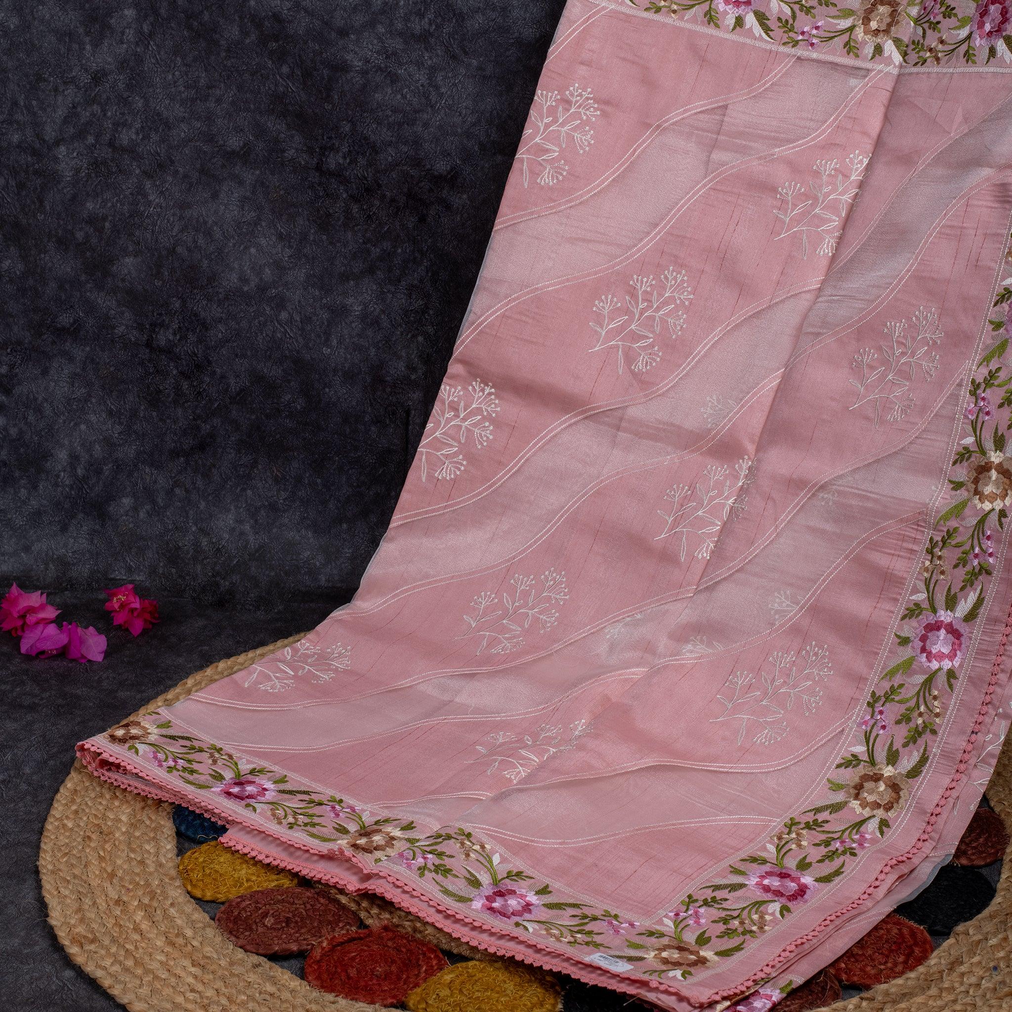 Semi Tussar Silk Saree – Organza & Tussar Fusion with Embroidery - Peach - Kleem Boutique
