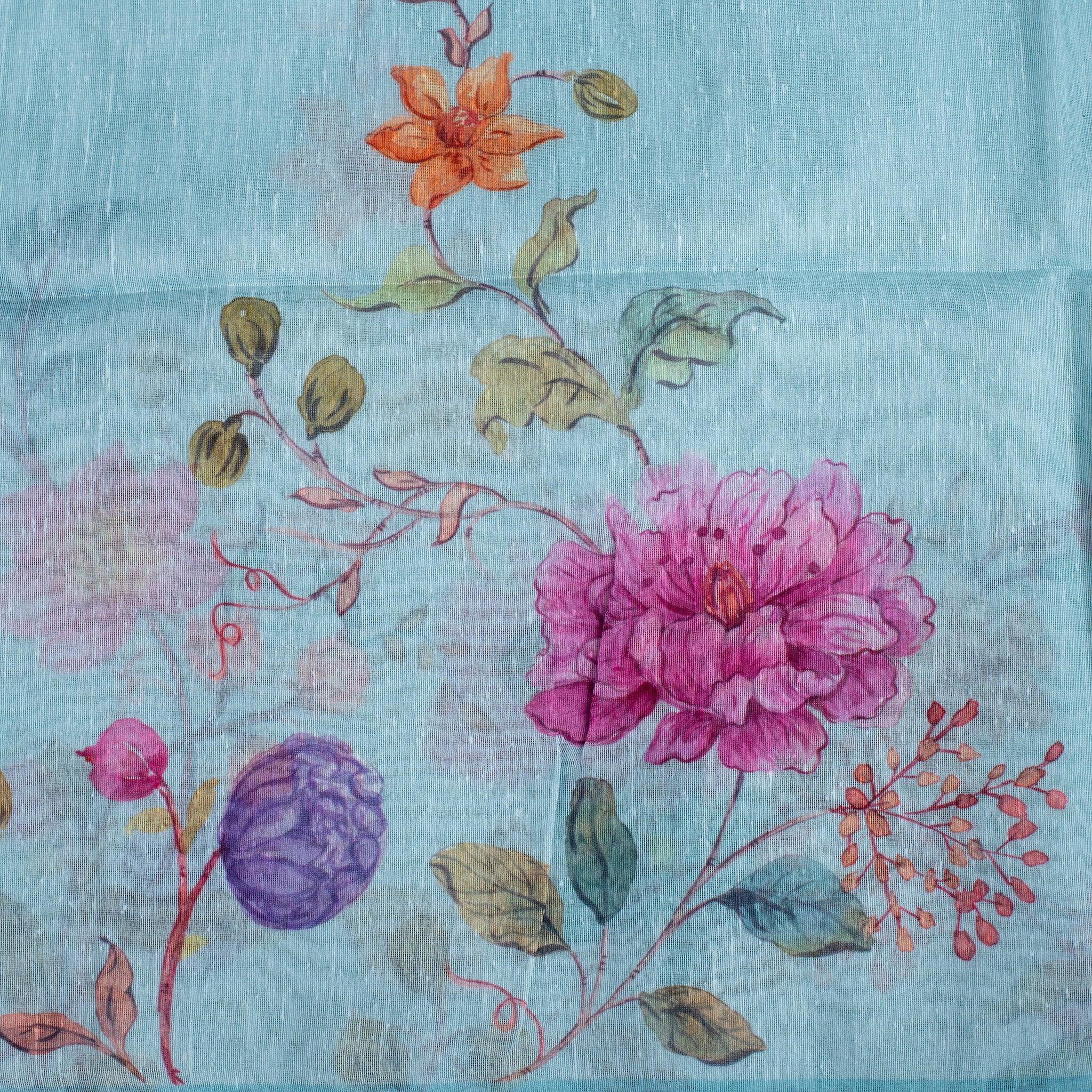 Matka Silk Saree with Floral Printed Border – Sea Green Secondary image