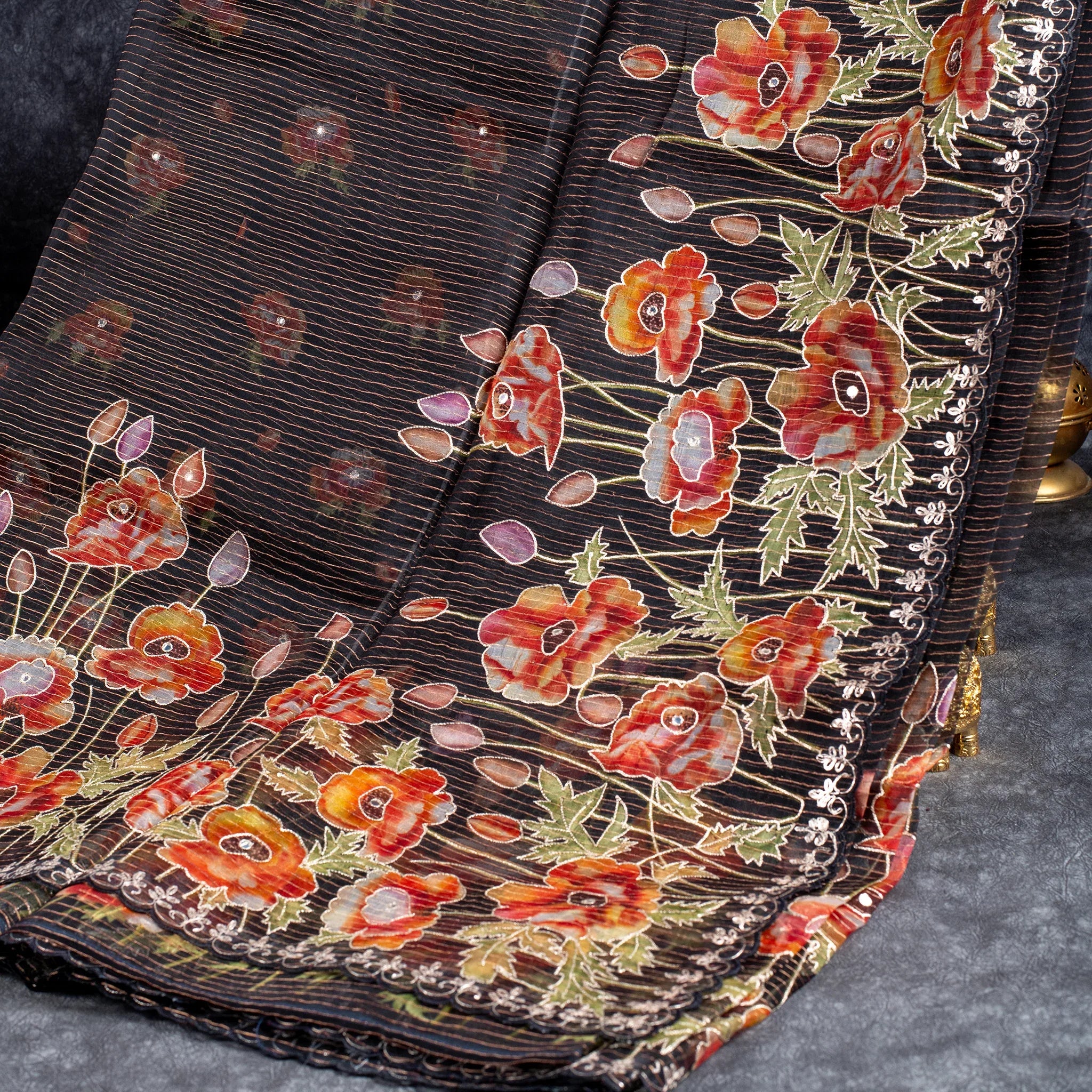 Tissue Organza Saree with Horizontal Zari Lines & Aari Border – Black Secondary image