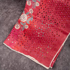 Pure Handloom Tussar Silk Deep Maroon Saree with Floral Digital Print & Mirror Work - Kleem Boutique