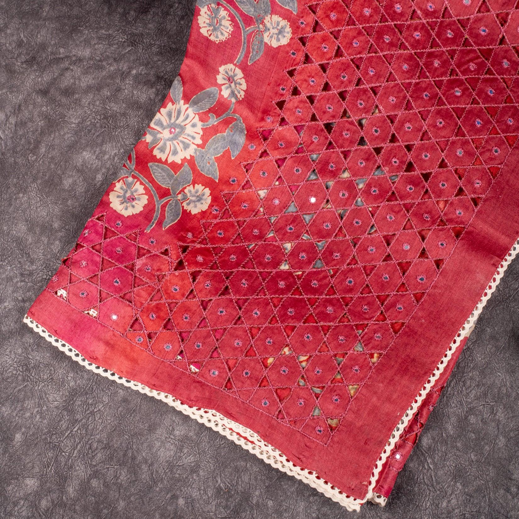Pure Handloom Tussar Silk Deep Maroon Saree with Floral Digital Print & Mirror Work - Kleem Boutique