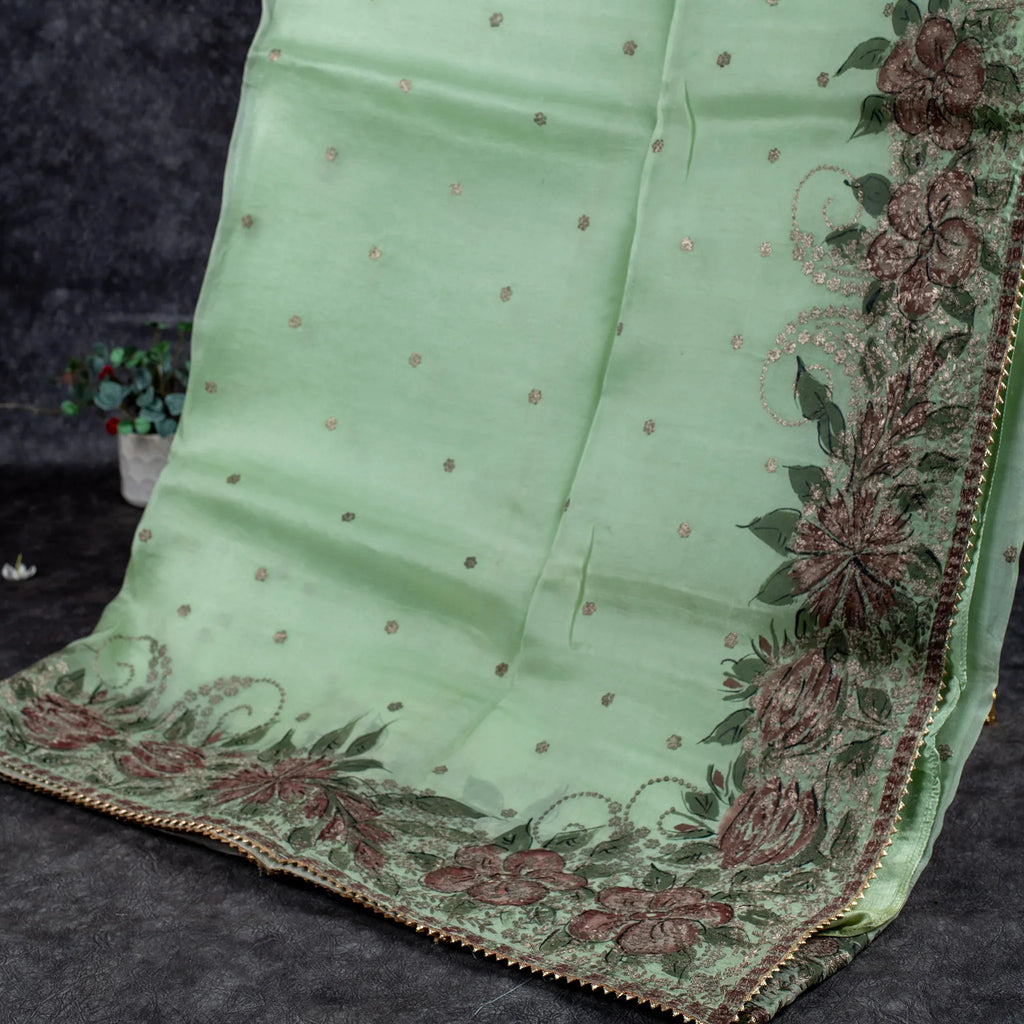 Pure Handloom Organza Saree with Hand Pitta Work & Digital Print – Pista Green