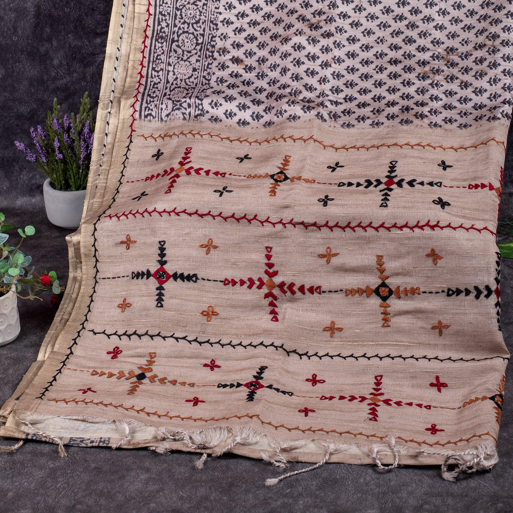 Semi Tussar Silk Saree – Dabu Print with Kantha Work Pallu - Kleem Boutique