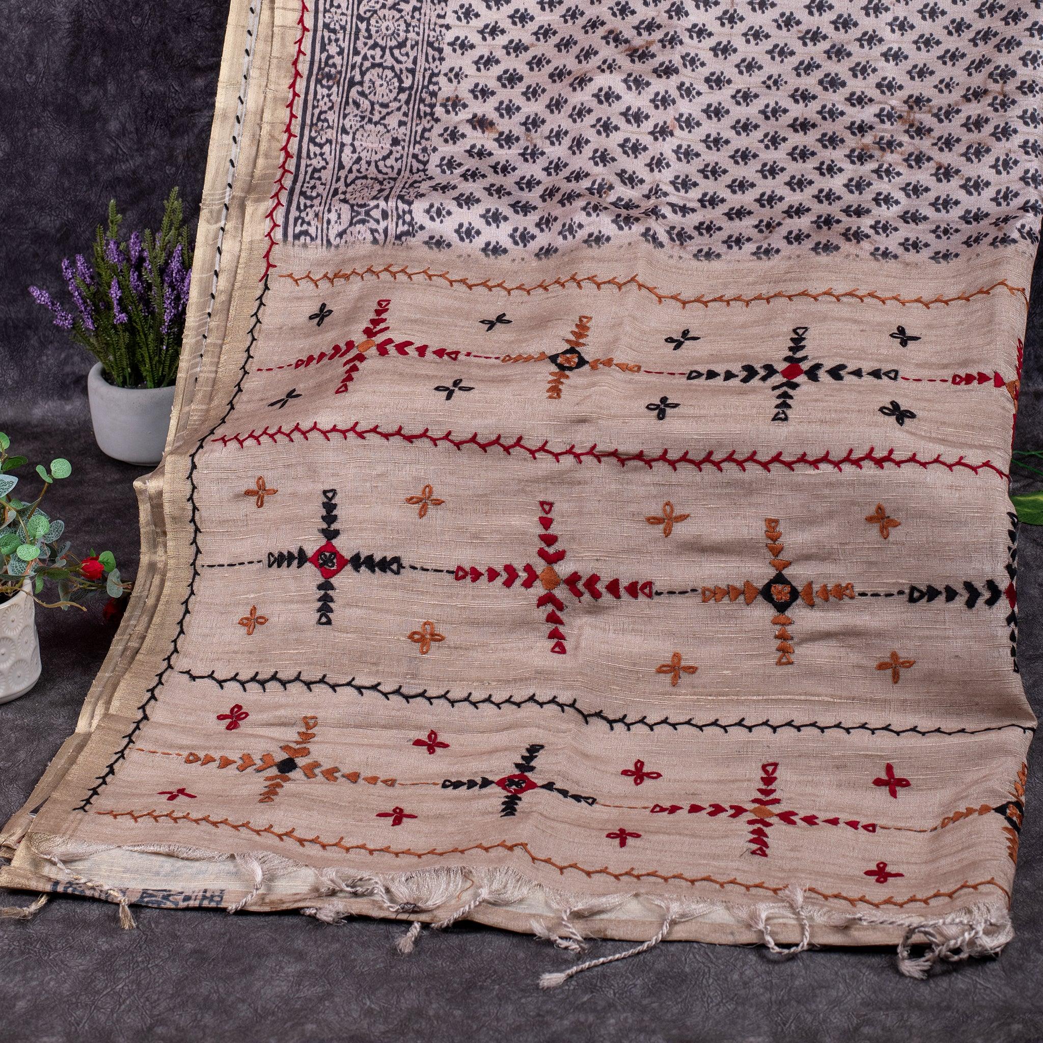 Semi Tussar Silk Saree – Dabu Print with Kantha Work Pallu - Kleem Boutique