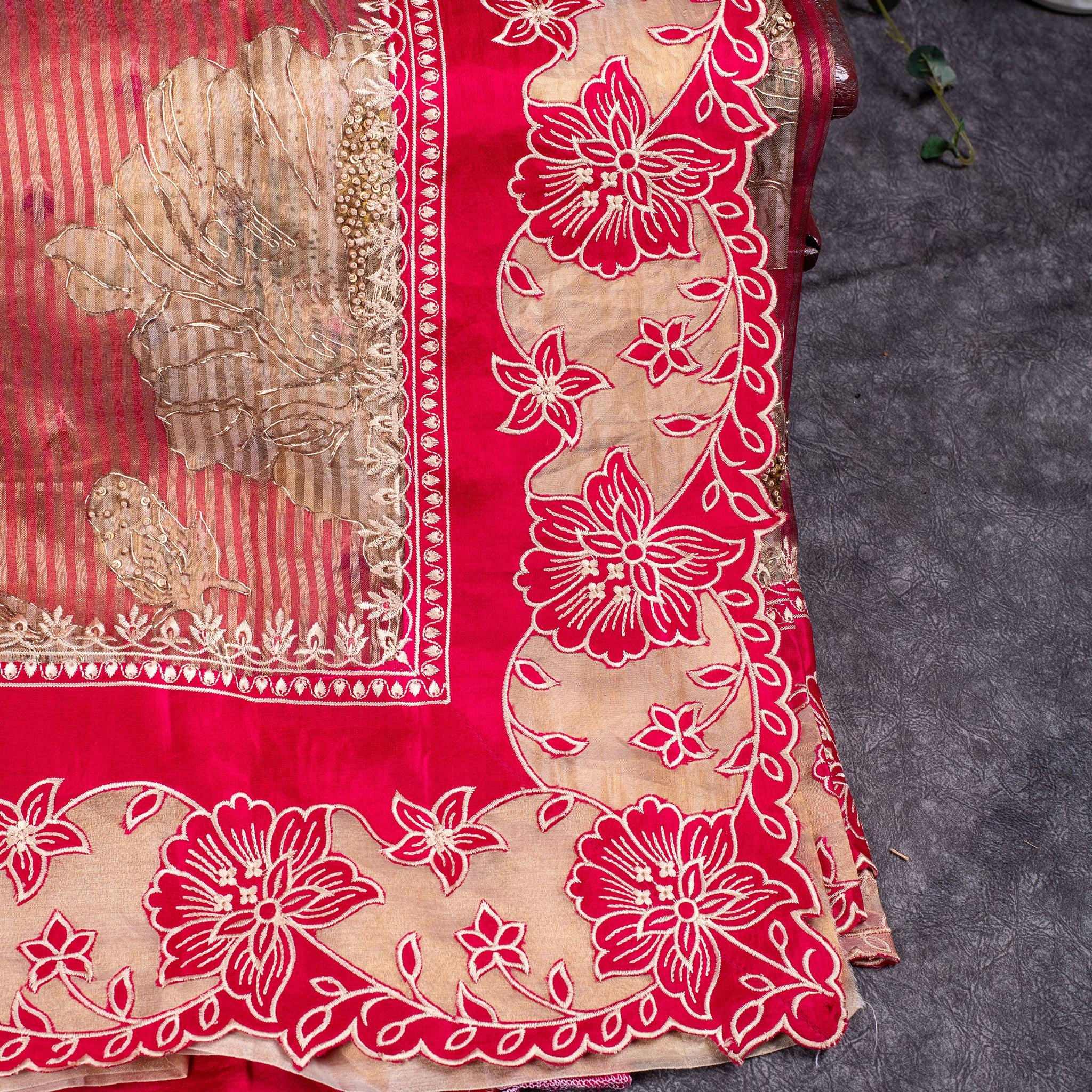 Tissue Organza Saree – Vertical Stripes with Aari &amp; Floral Cutwork Border Secondary image