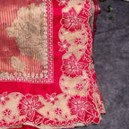 Tissue Organza Saree – Vertical Stripes with Aari &amp; Floral Cutwork Border - Kleem Boutique