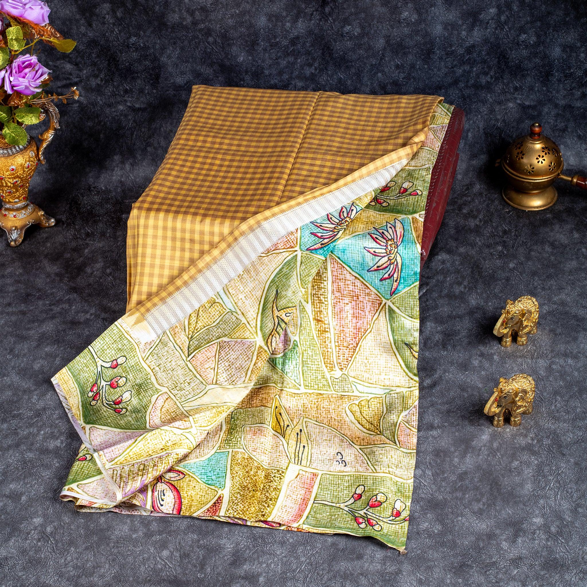 Pure Handloom Patola Silk Saree with Checks & Abstract Floral Border – Mustard Yellow Secondary image