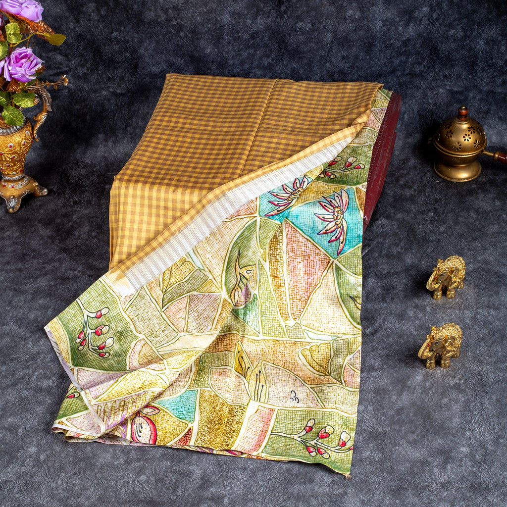 Pure Handloom Patola Silk Saree with Checks & Abstract Floral Border – Mustard Yellow - Kleem Boutique