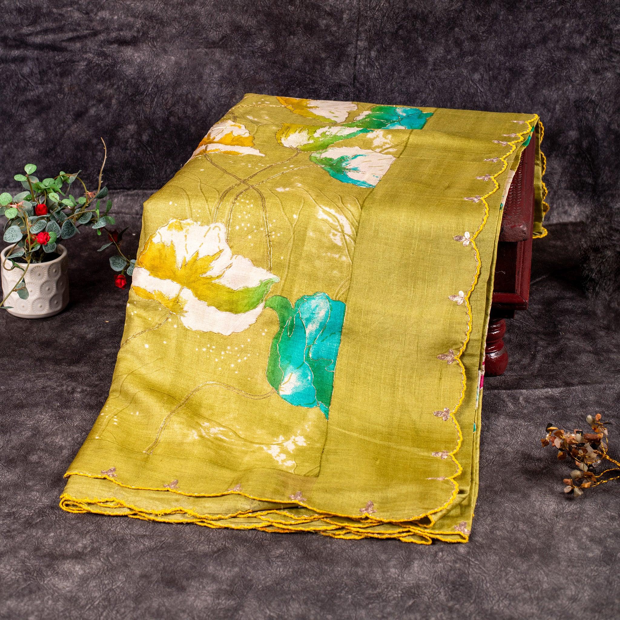 Pure Handloom Tussar Silk Olive Green Saree with Floral Digital Print & Aari Work Secondary image