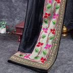 Pure Handloom Imported Italian Crepe Saree with Rich Floral Embroidery - Black
