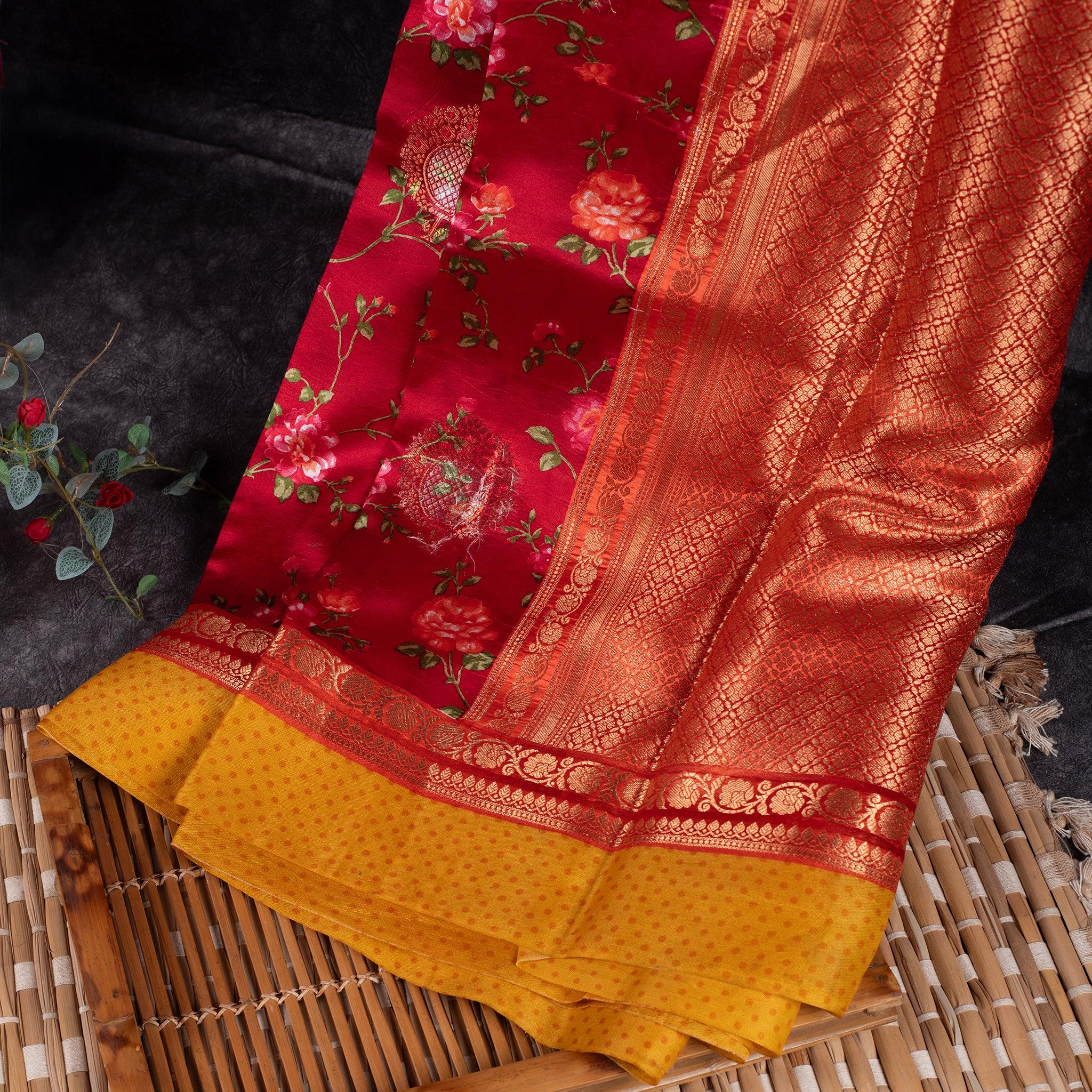 Raw Mango Saree – Red & Yellow Digital Print - Kleem Boutique