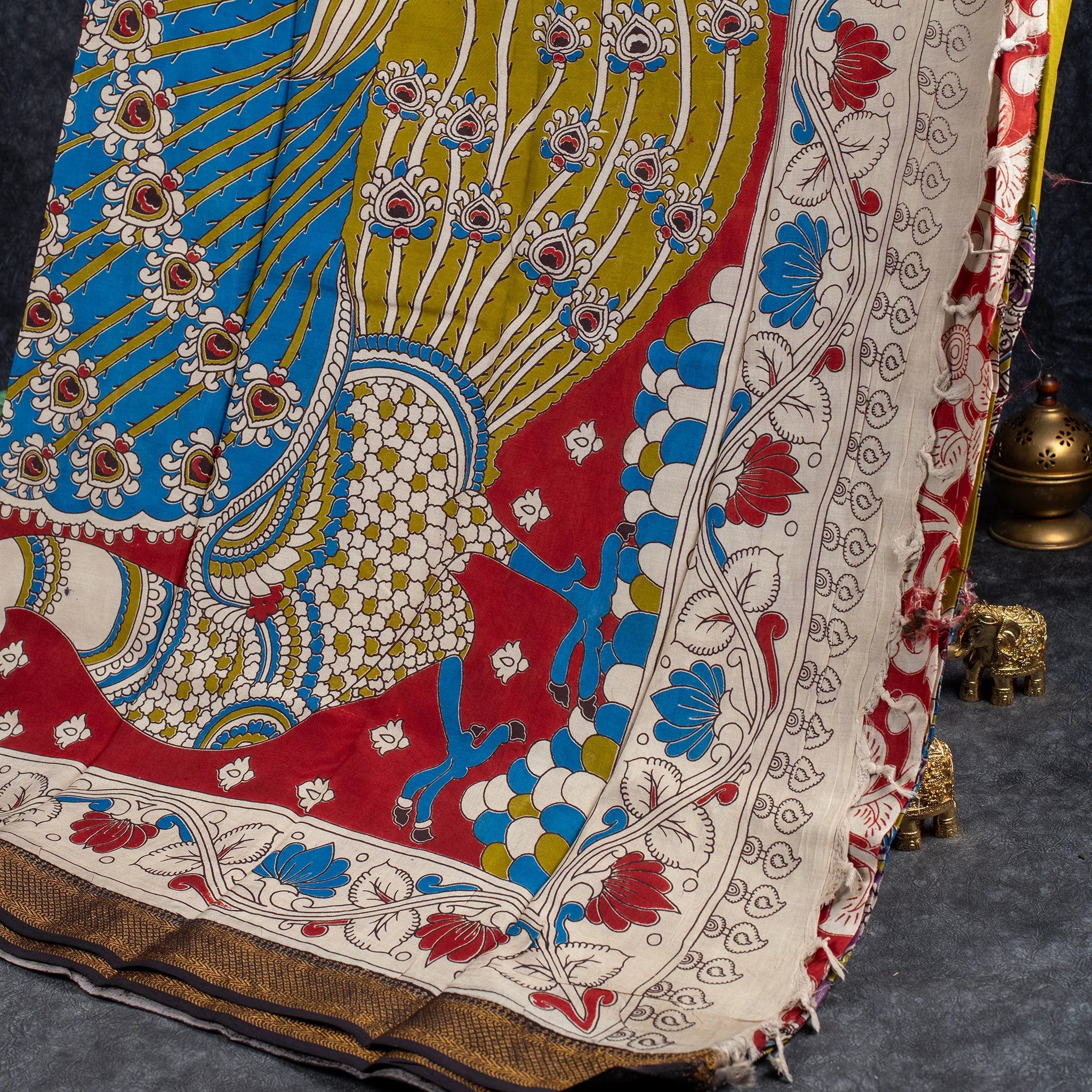 Pure Handloom Nizam Border Silk Saree with Kalamkari Print - Mehandi Green Secondary image