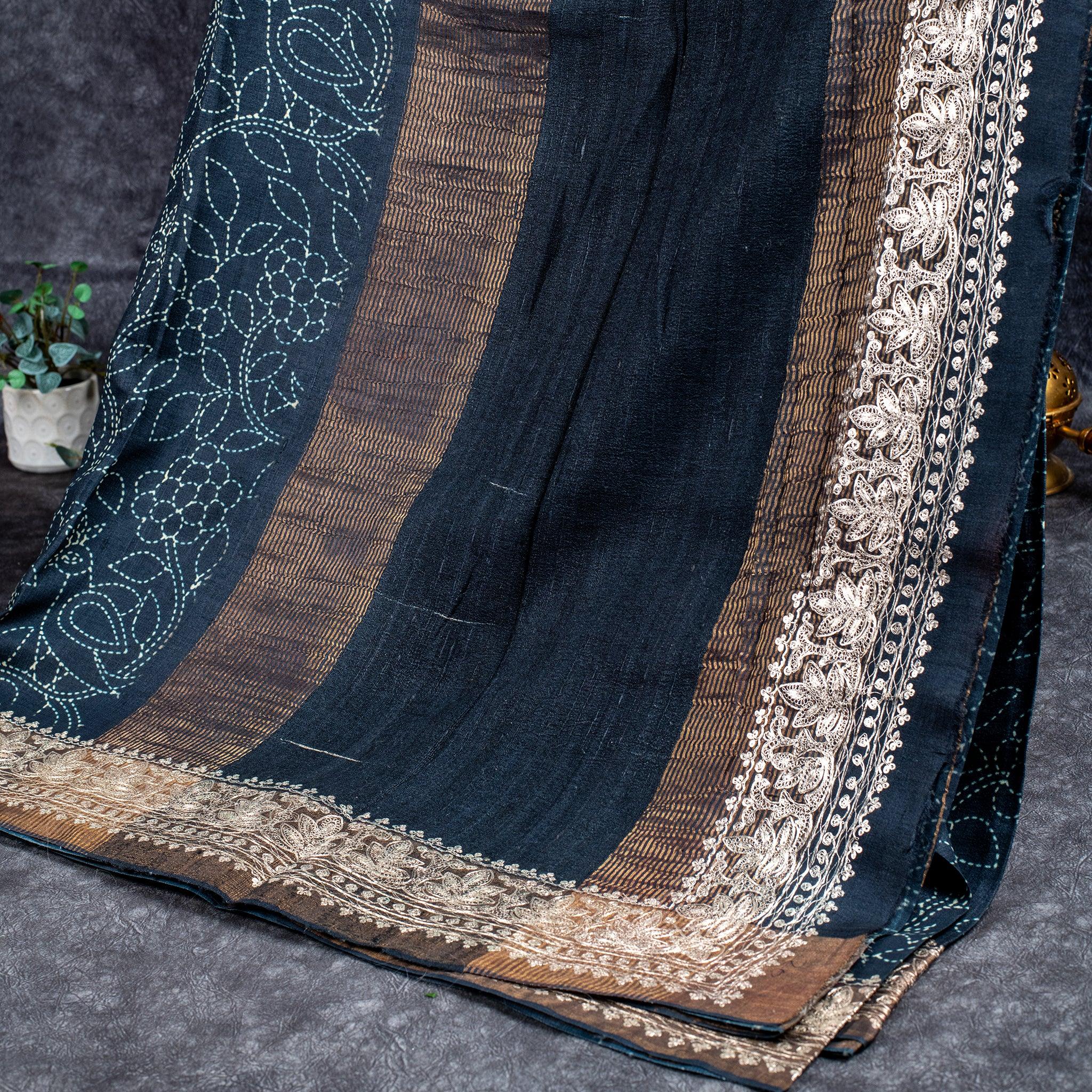 Black Tussar Silk Saree with Bhavini Print & Pitta Embroidery - Black Secondary image