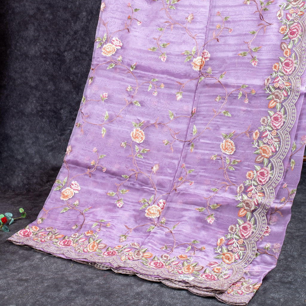 Tissue Kora Saree with Floral Embroidery Work - Lavender - Kleem Boutique