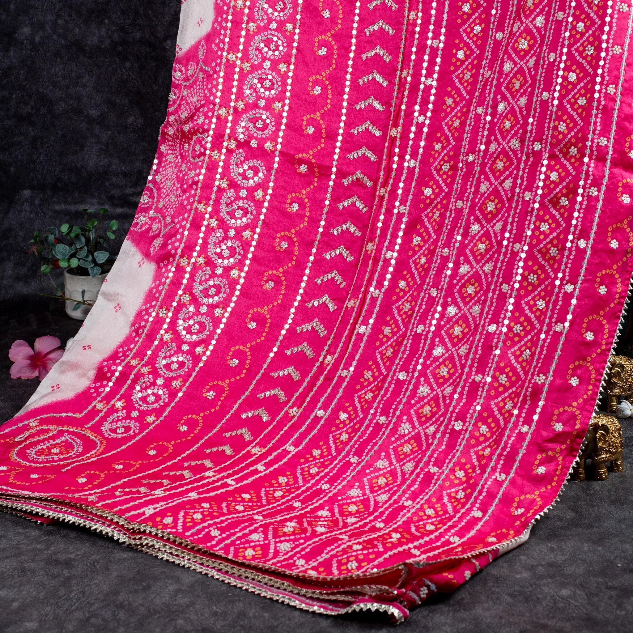 Imported Satin Crepe Saree with Bandhani Print & Hand Embroidery – Off-White & Pink Secondary image