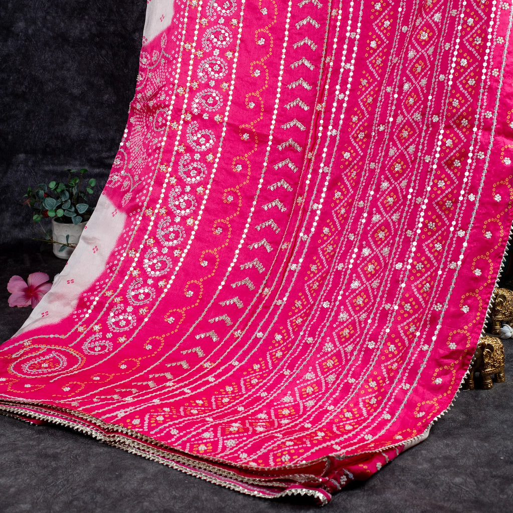 Imported Satin Crepe Saree with Bandhani Print & Hand Embroidery – Off-White & Pink - Kleem Boutique