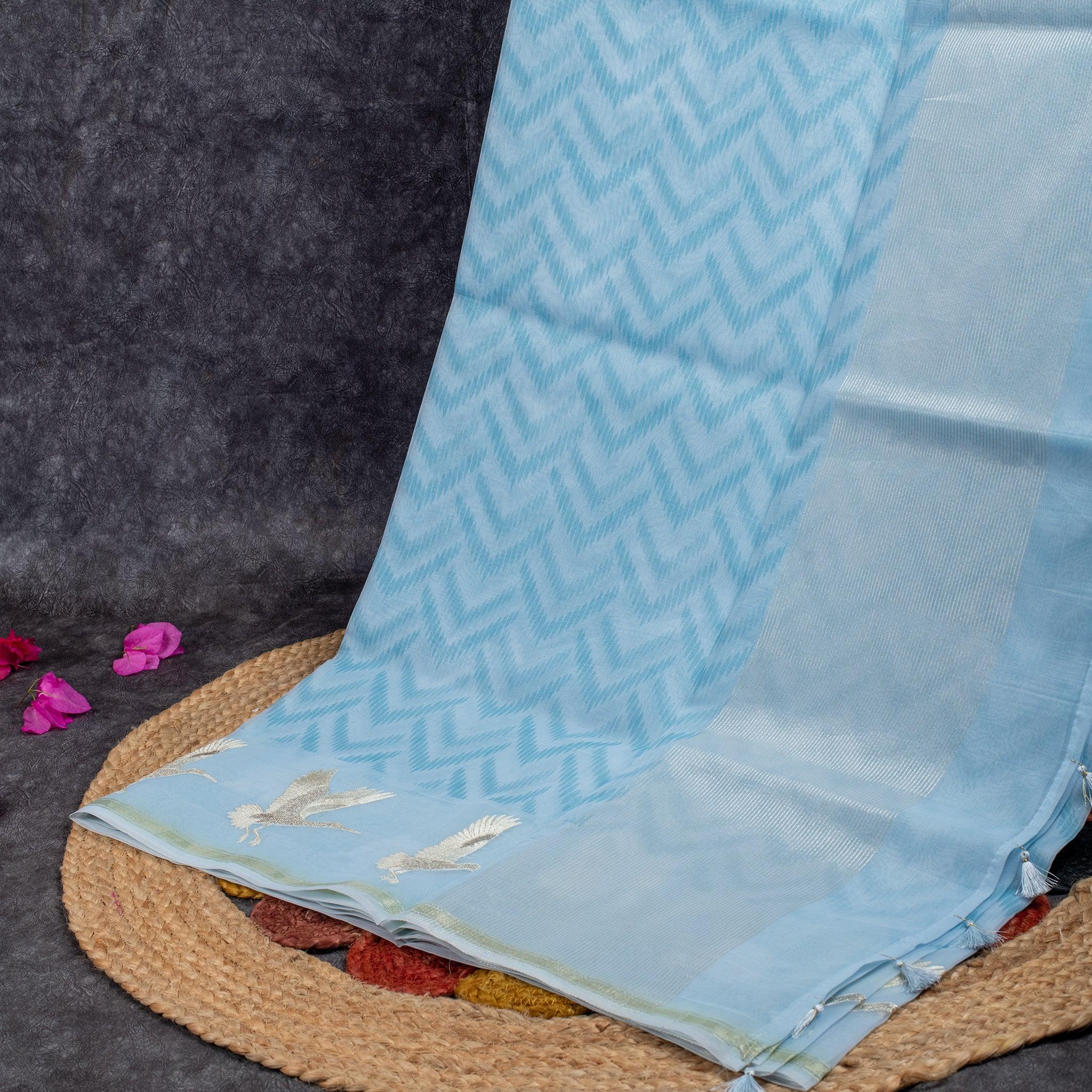 Organza Saree with Digital Print & Flamingo Embroidered Border - Sky Blue - Kleem Boutique