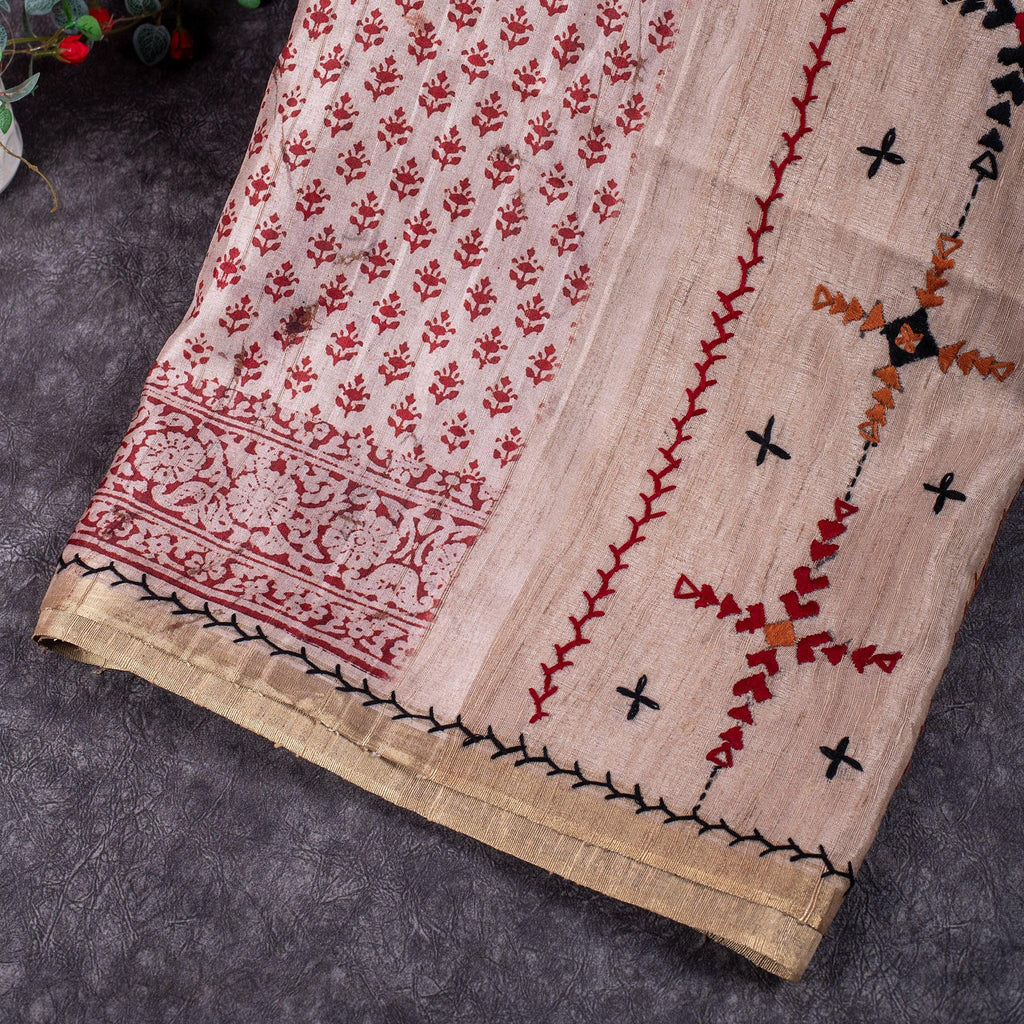 Semi Tussar Silk Saree – Dabu Print with Kantha Work Pallu - Kleem Boutique
