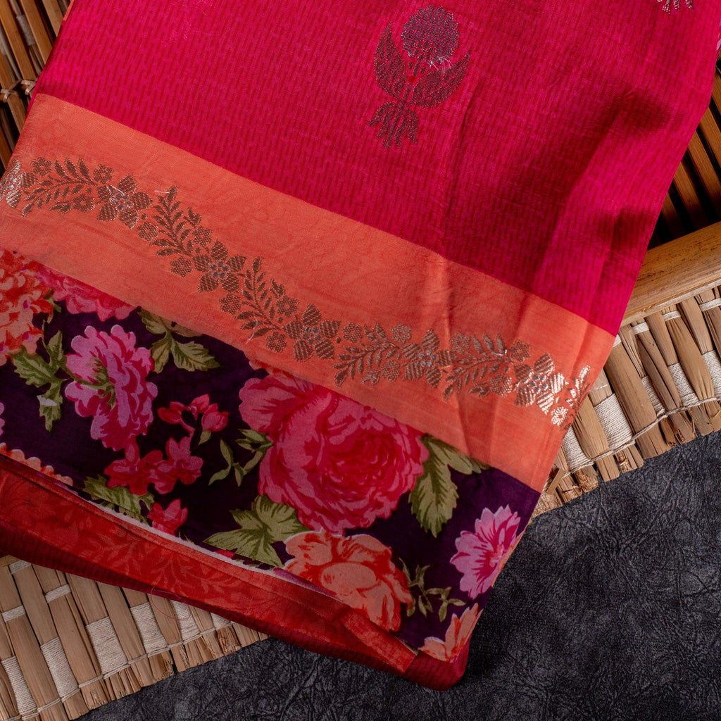 Raw Mango Saree – Pink with Orange Digital Print & Buttis - Kleem Boutique