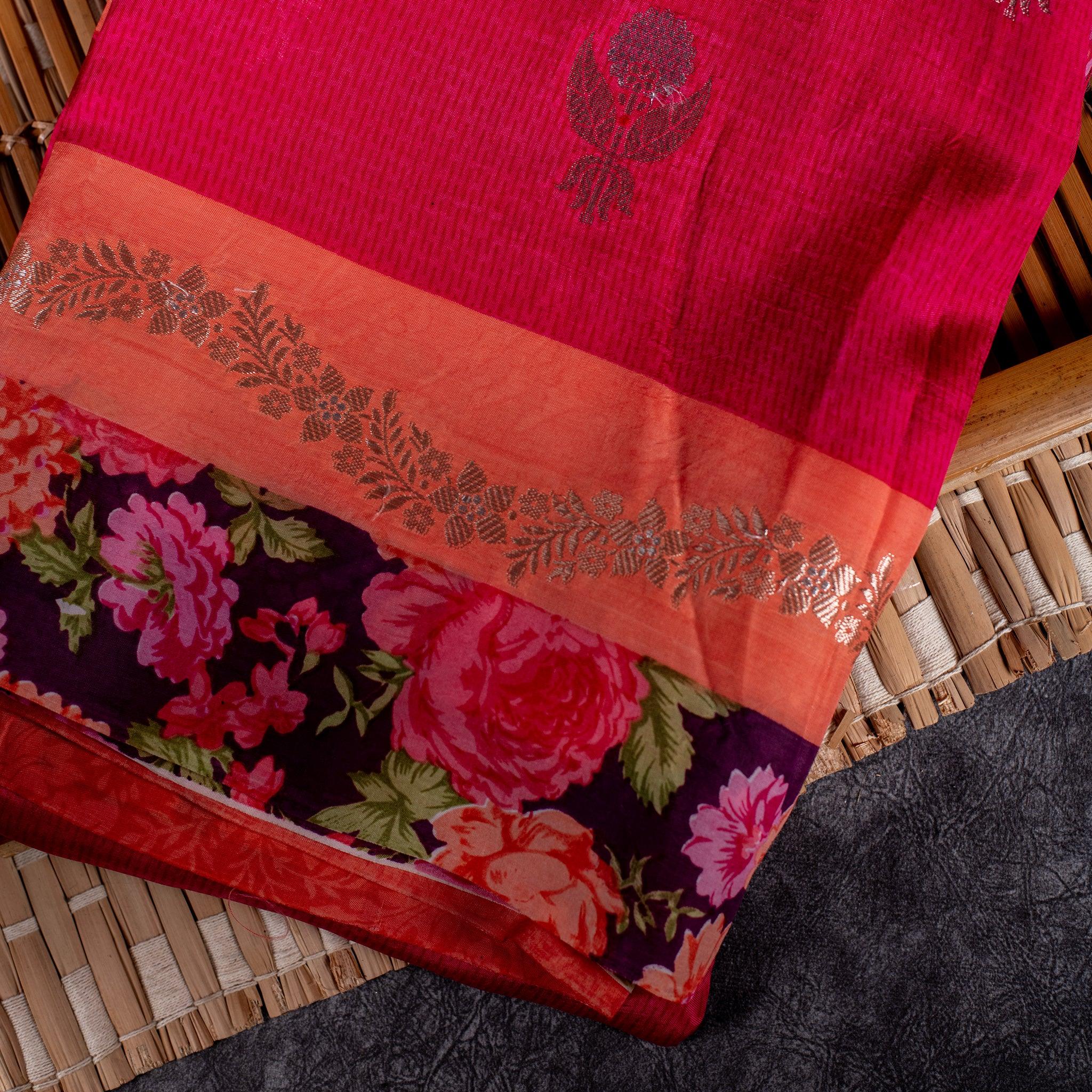 Raw Mango Saree – Pink with Orange Digital Print & Buttis - Kleem Boutique