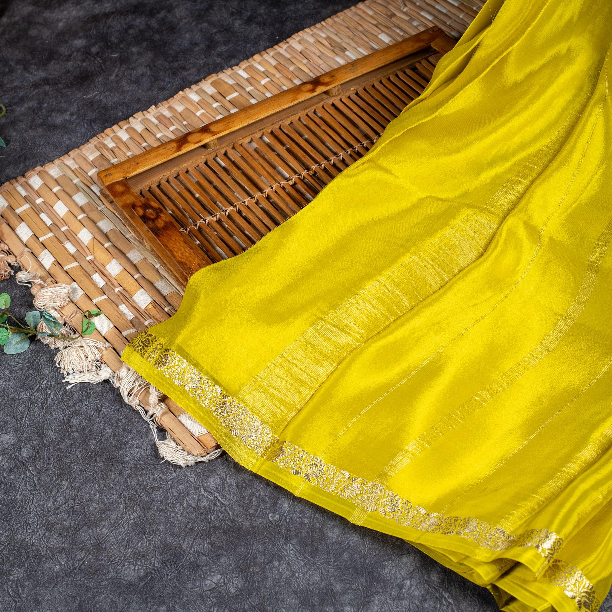 Mysore Crepe Saree with Contrast Blouse - Yellow Secondary image