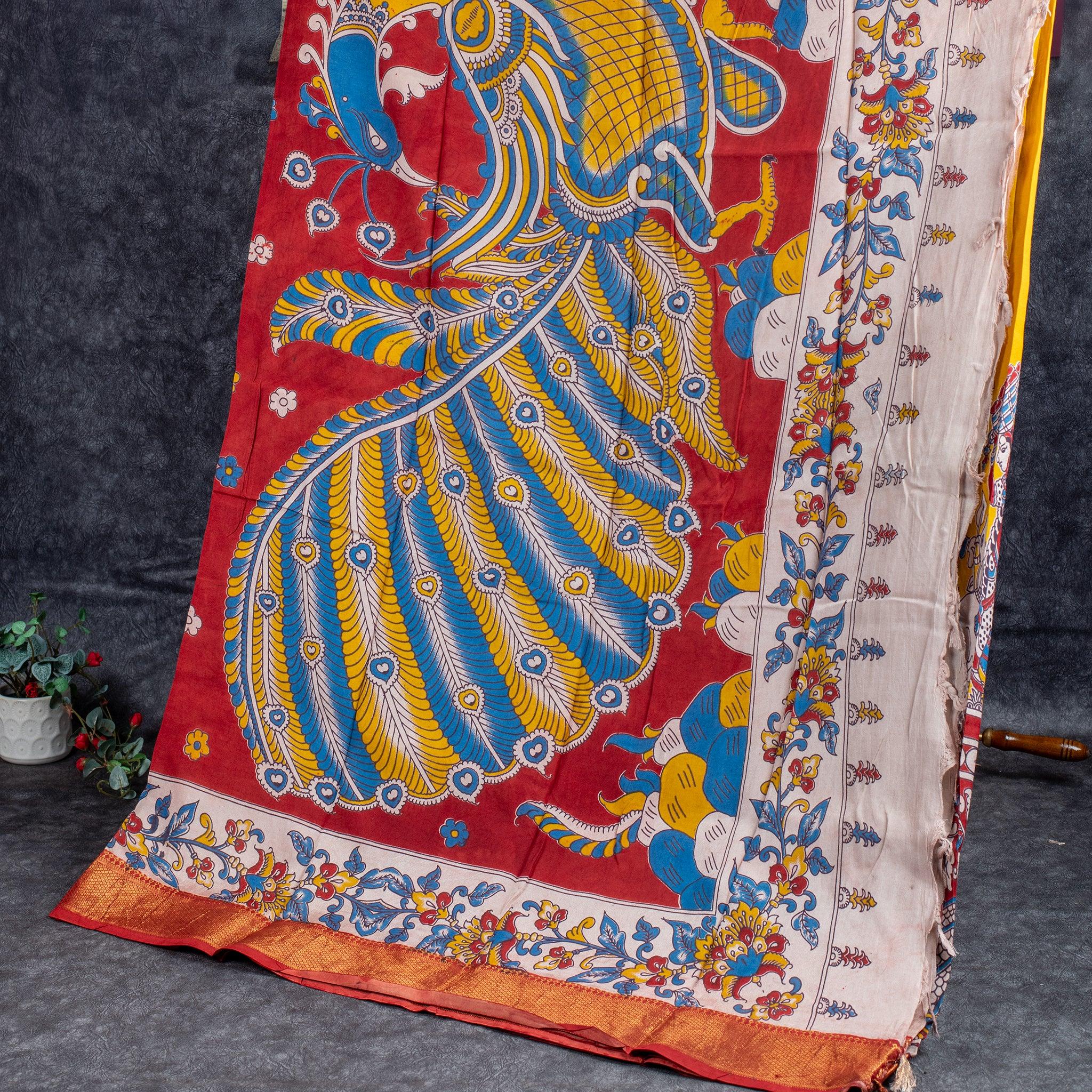 Pure Handloom Nizam Border Silk Saree with Kalamkari Print - Yellow & Red Secondary image
