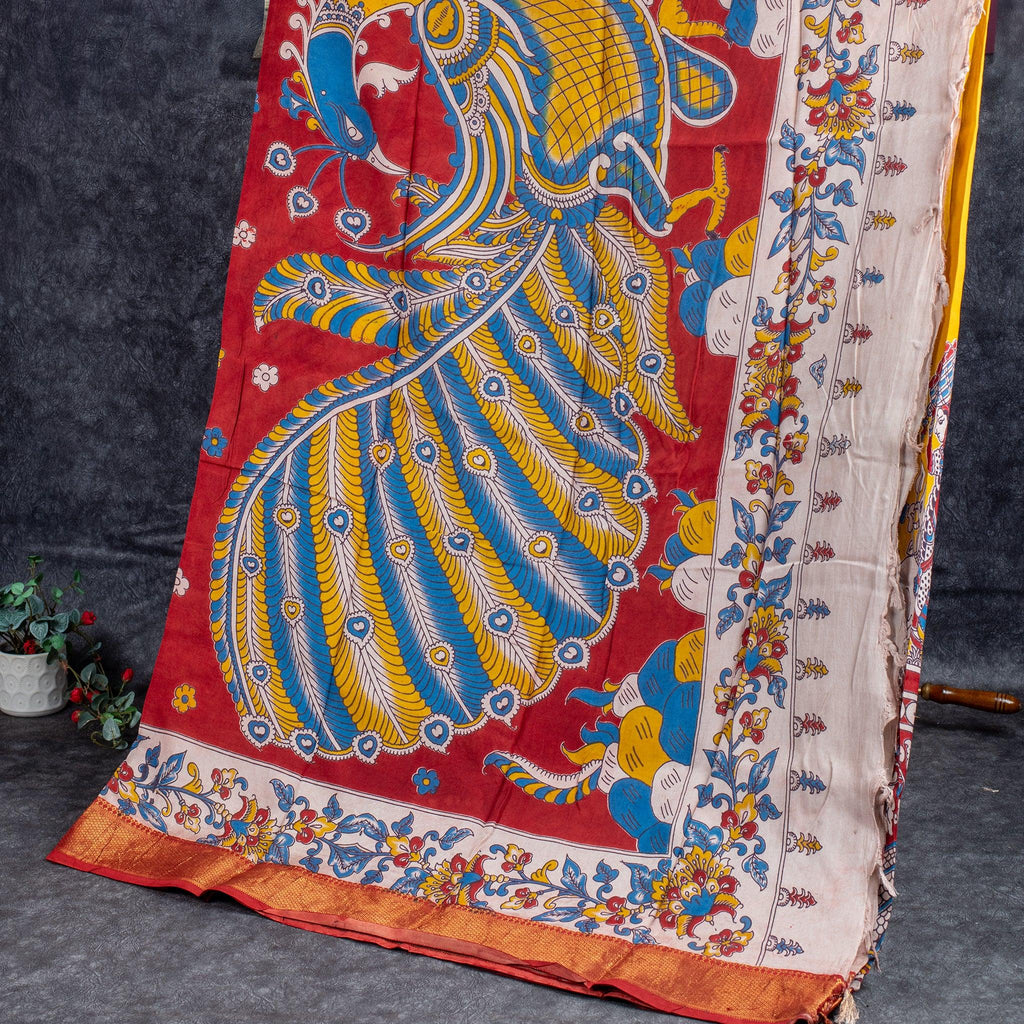 Pure Handloom Nizam Border Silk Saree with Kalamkari Print - Yellow & Red - Kleem Boutique