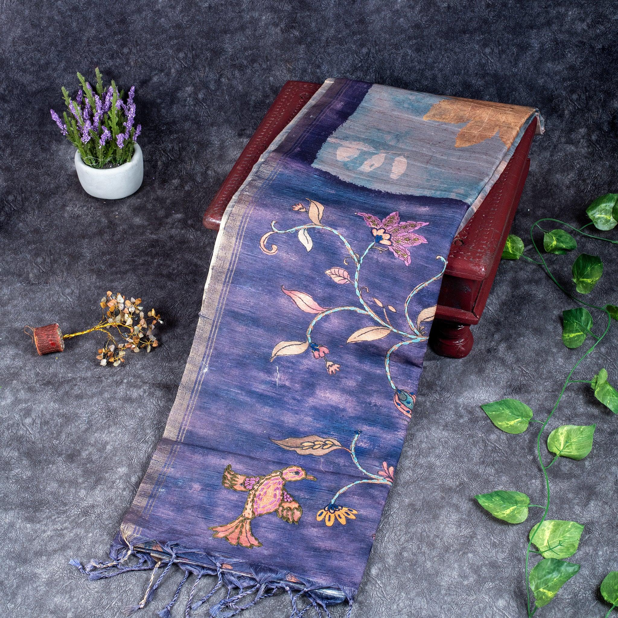 Semi Tussar Silk Saree – Eco Digital Floral & Leaf Print Secondary image