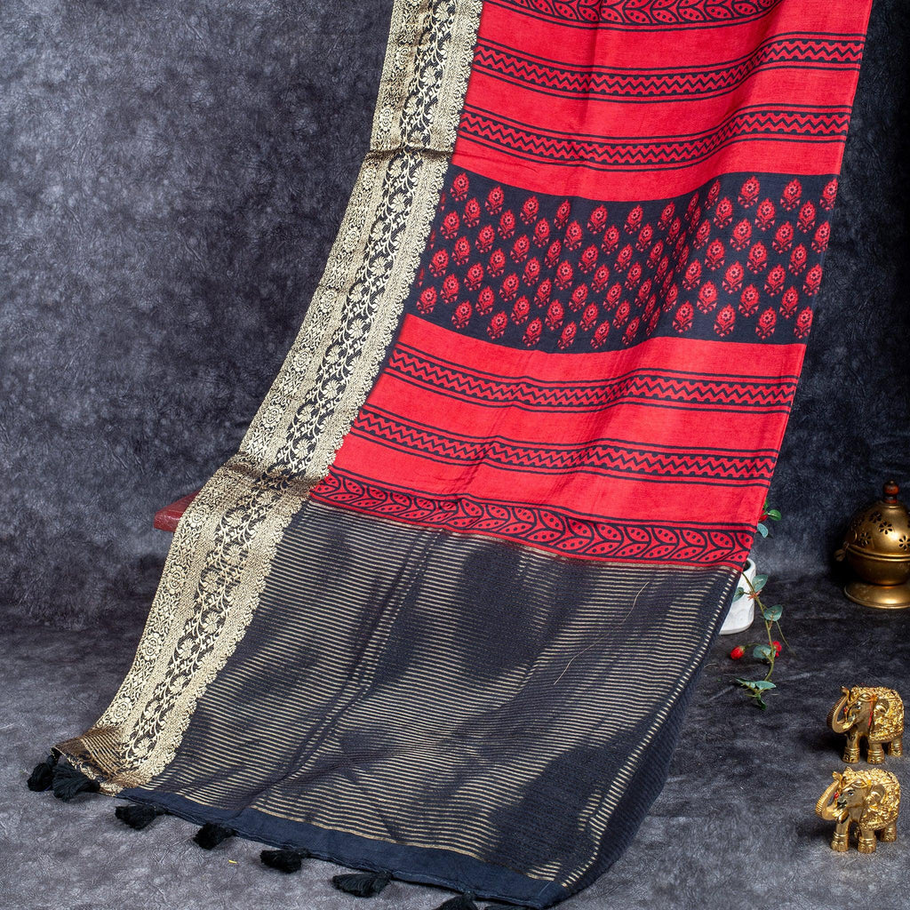 Jubilee Silk Ajrakh Saree - Red & Black - Kleem Boutique
